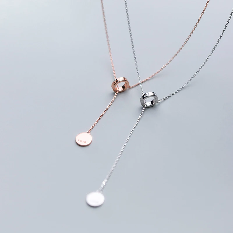 

100% 925 Solid Sterling Silver Jewelry Round Circle Coin Lariat Necklaces For Women Fine Jewelry