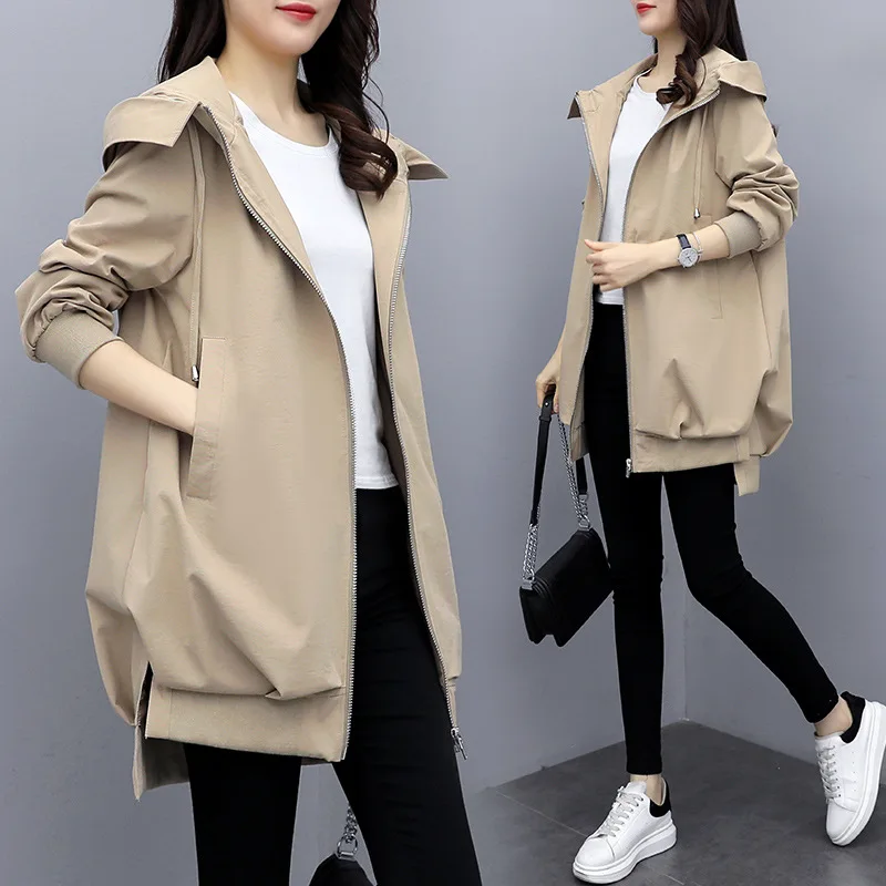 

Women's windbreaker mid-length spring and autumn new Korean version casual temperament black loose hooded fashion coat