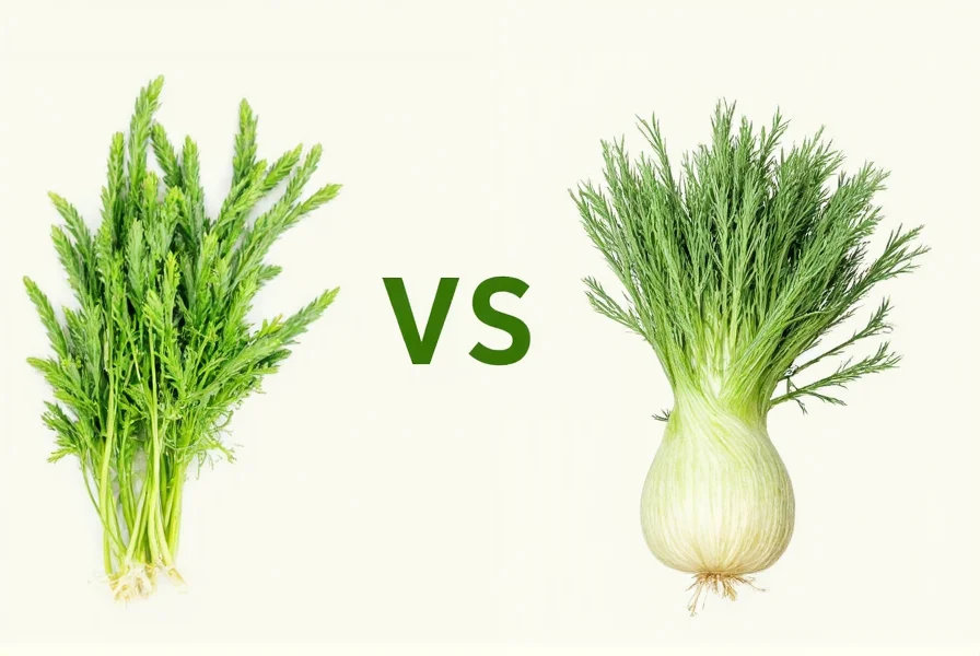 Fennel seeds and fresh fronds on wooden surface