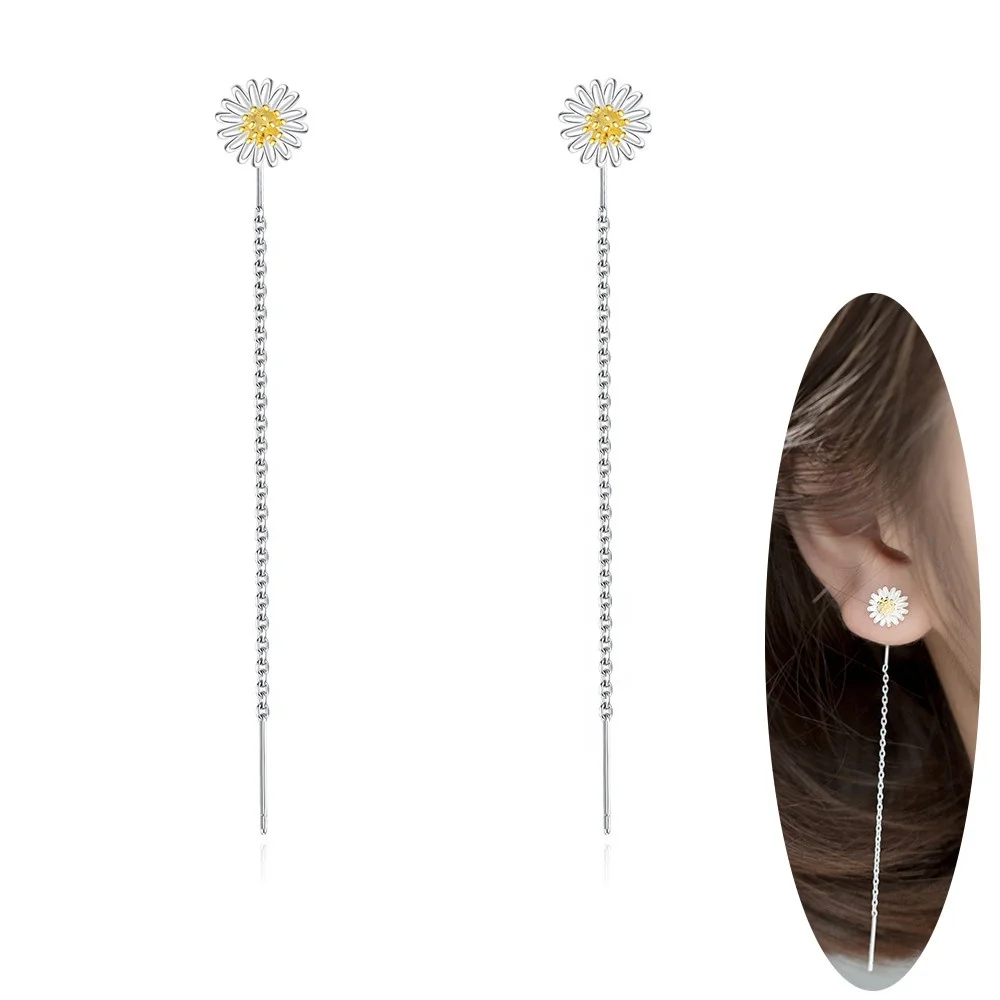 

Wholesale Beautiful 925 Sterling Silver Flower Threader Earrings Yellow Daisy Thread Earings Chrysanthemum Chain Tassel Earring