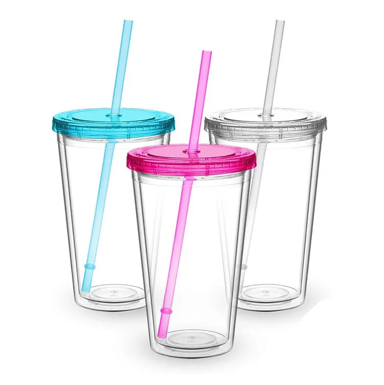 

3 Pack 16 oz Classic Double Wall Tumbler Cup Clear Insulated Acrylic bpa water plastic tumbler set with Lid and Reusable Straw, Customized color
