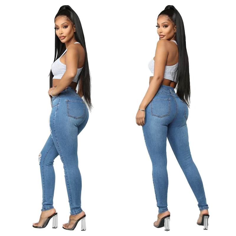 

Wholesale ladies high quality skinny slim fit 2021 sexy washed denim pants fashion women's jeans, Light blue