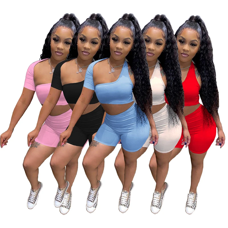 

S170 Amazon new trendy plus size sexy hollow out womens 2 piece shorts set