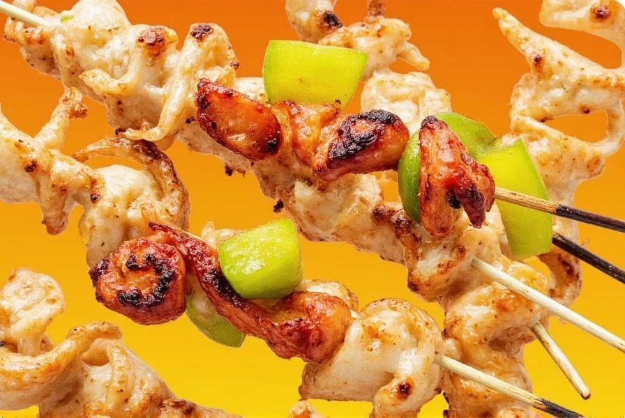 Well-arranged jerk skewers on a tray