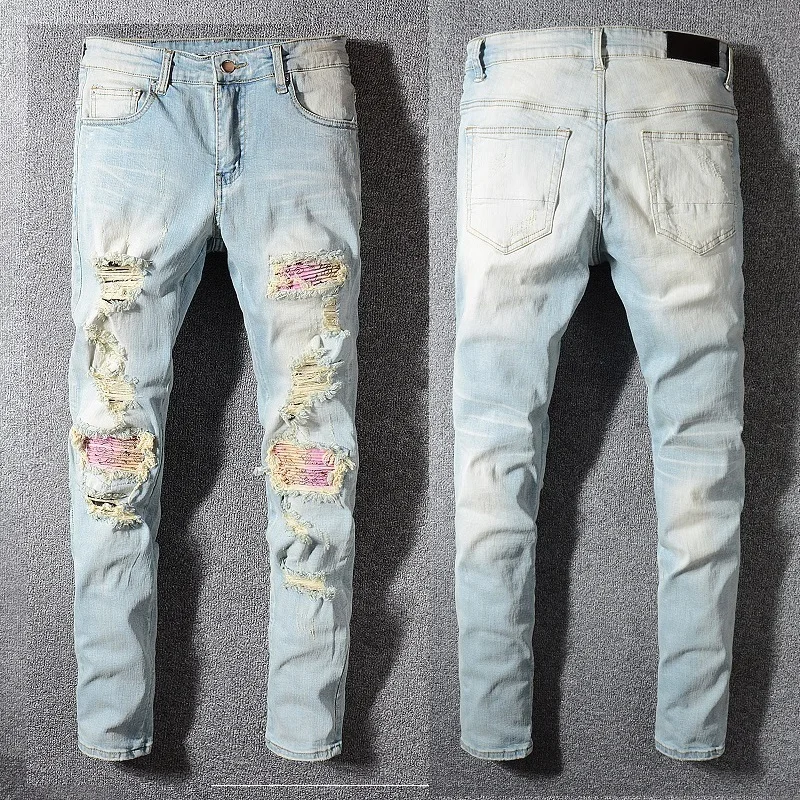 

New Italy Style #589# Men's Distressed Destroyed Pants Colored Print Ribbed Patches Skinny Blue Jeans Slim Trousers Size 28-40