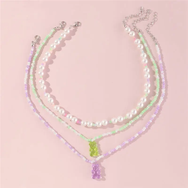 

New Design Handmade Pastel Beaded Multi Layer Choker Sets Cute Gummy Bear Pendent Pearl Necklaces