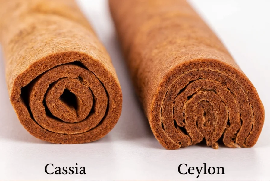 Close-up comparison of Cassia cinnamon sticks showing thick, single-scroll formation versus Ceylon's multiple thin layers