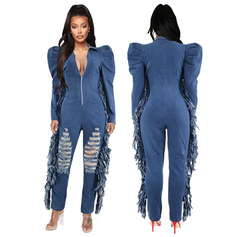 

Fall Clothes New V Neck Long Sleeve Broken Hollow Zipper Washing Denim Jumpsuit Women 202