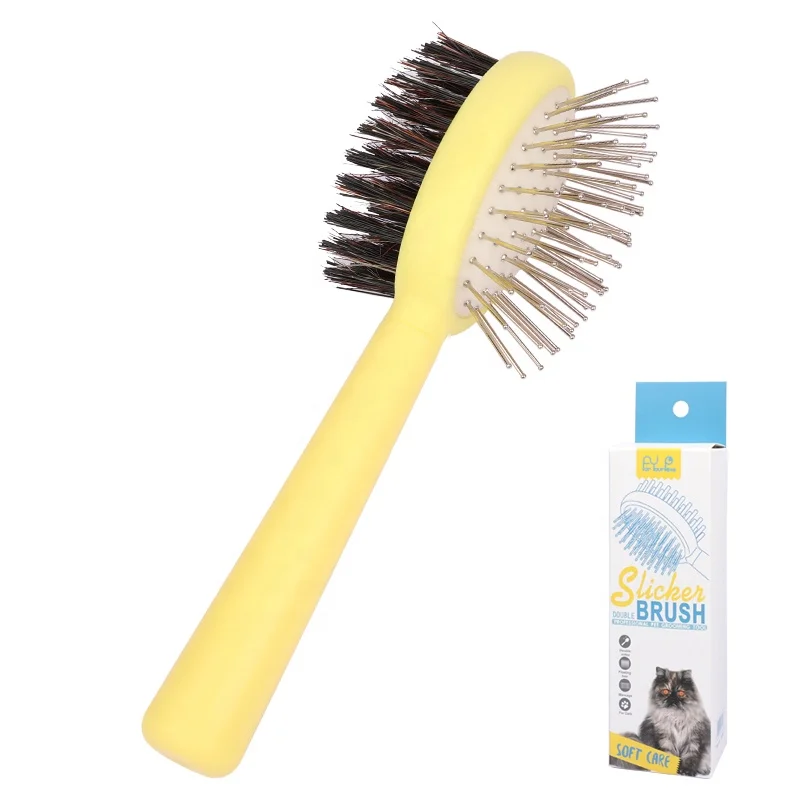 

Factory Wholesale Color Box Packaging Double Sided Dog Bristle Massage Brush Cat Pet Grooming Brush, Yellow
