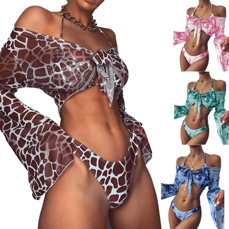 

3 Set Swimwear Beachwear Leopard Bikini Long Sleeve Swimsuit Swim Suit Women Leopard grain bathing suits for women