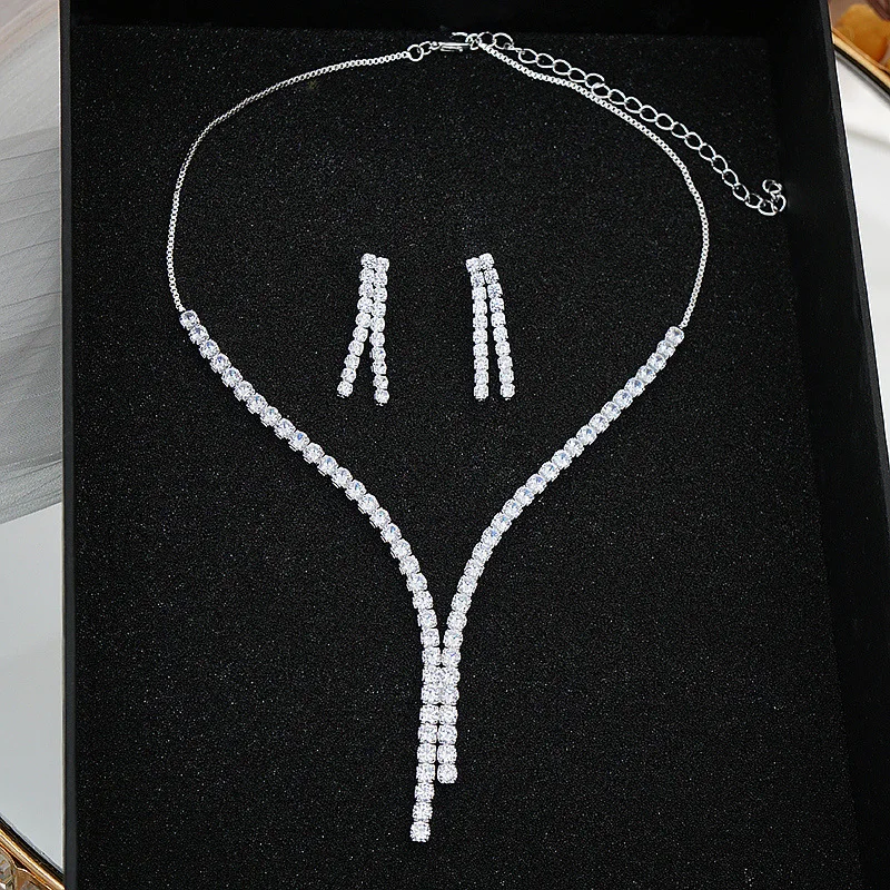 

TZ002-33 New Bright Full Diamond Zircon Necklace Earrings Set Bridal Wedding Jewelry Temperament Simple Versatile Set