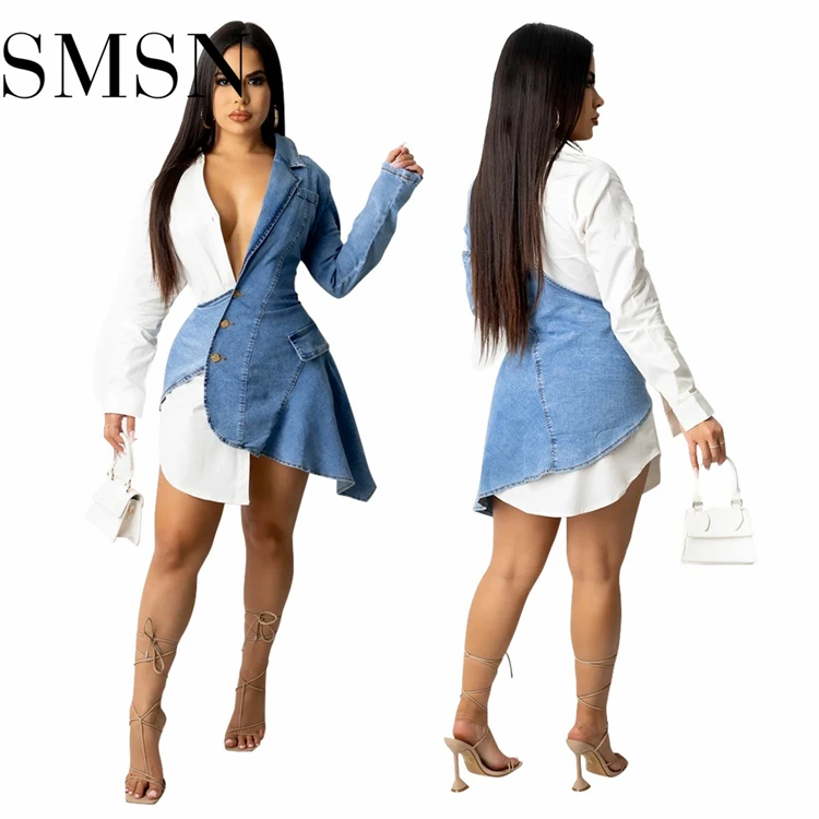 

New Style Deep V Neck Irregular Denim Patchwork Bodycon Dress Stylish Sexy Plus Size Women'S Dresses