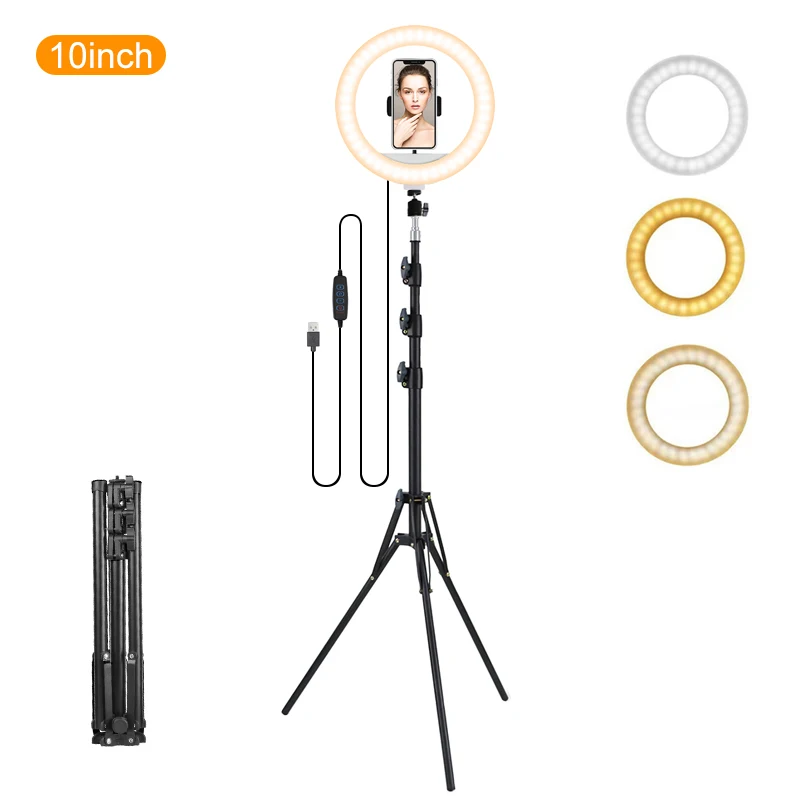 

10 inch selfie ring light with 2m reflex tripod 3 color mode LED ring light with phone stand for makeup YouTube Tik tok