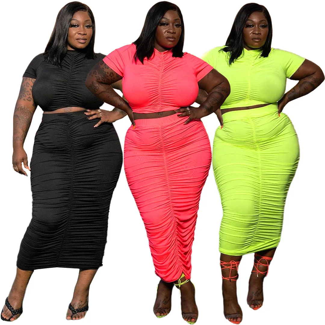 

ASL-7029 Fashion Plus Size Women'S Solid Color Pleated Stretch Skirt Suit Two-Piece