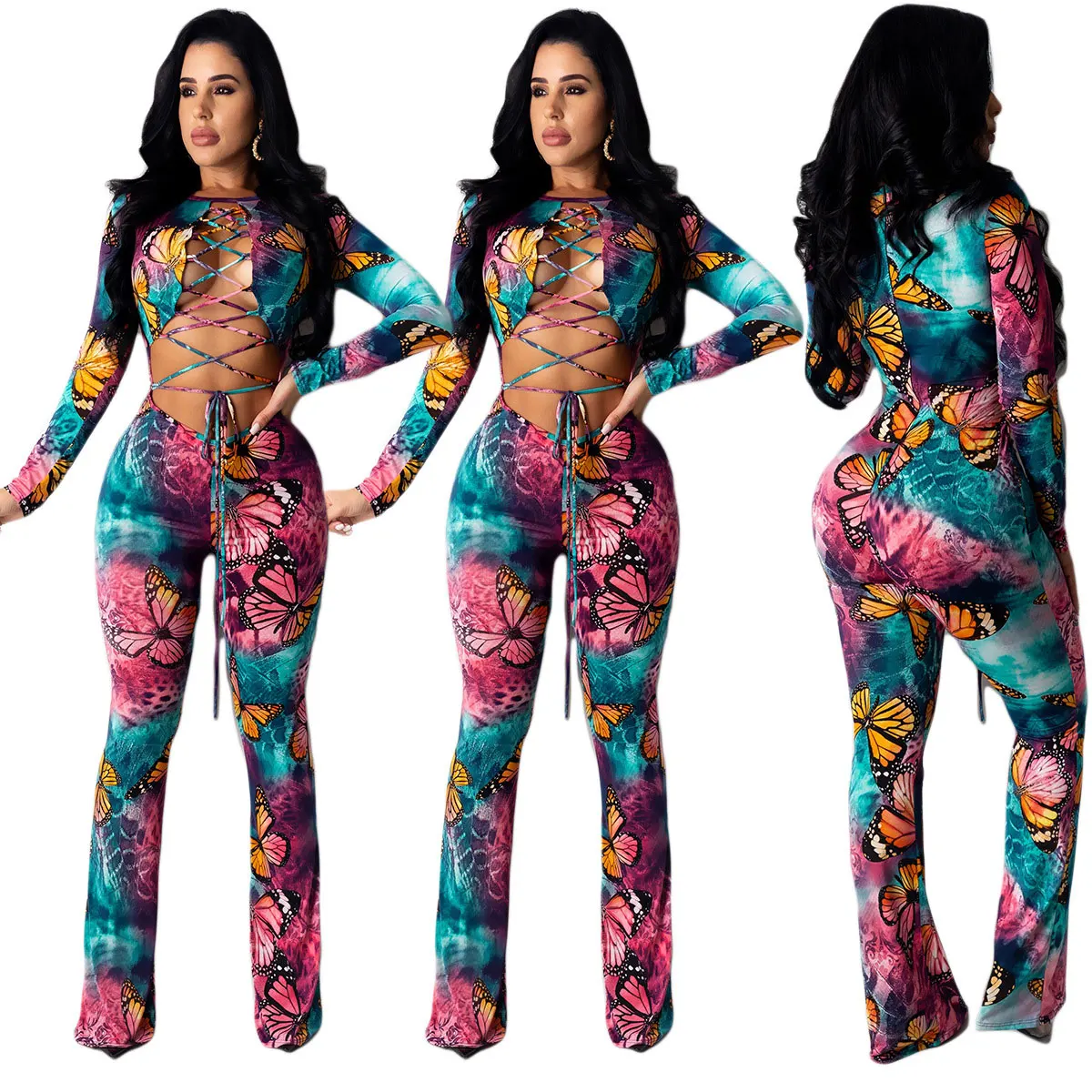 

20520-MX40 pretty Butterfly print bandage plus size jumpsuit women sehe fashion