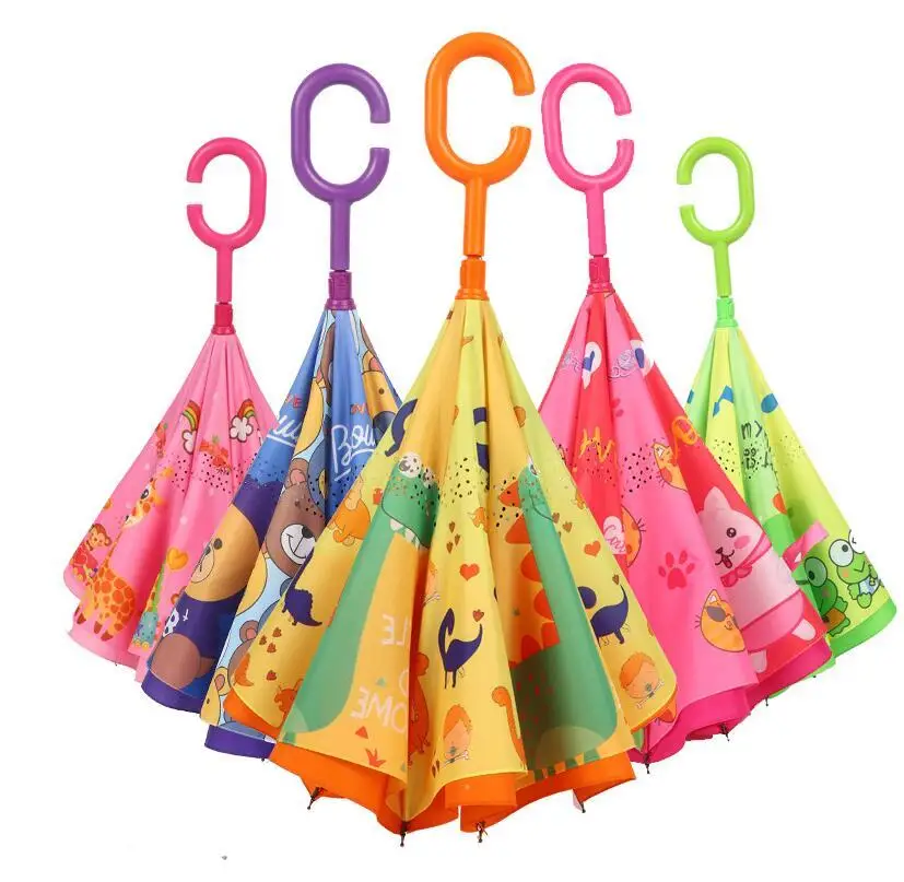 

DDA203 Children Cute Upside-down Double Layer Windproof C Type Handle Umbrellas Creative Kids Cartoon Animal Reverse Umbrella, Multi colour