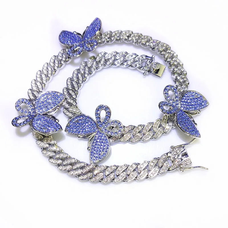 

Statement diamond crystal jewelry pink butterfly hip hop zircon chain necklace, As photo