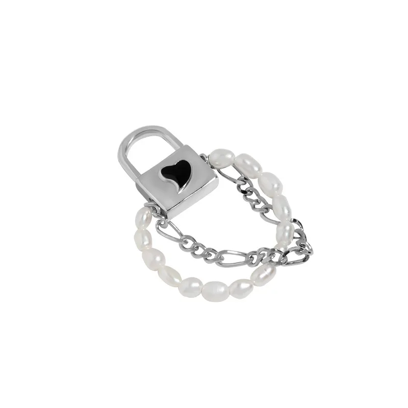 

HY-JZ39 Korean version of INS niche design sense simple temperament wild love pearl lock chain S925 sterling silver ring female, White gold