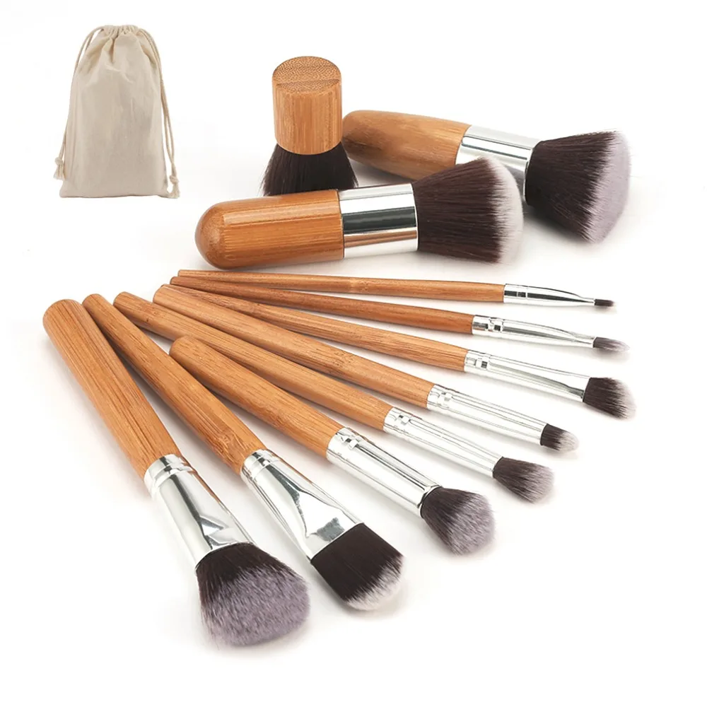 

11pcs Natural Bamboo Handle Makeup Brushes Set High Quality Foundation Blending Cosmetic Make Up Tool Set With Cotton Bag