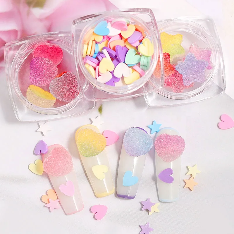

10pcs 3D Heart Star Lovely Candy Nail Art Charms Colorful Soft Fudge Designs Sweet Candy DIY Accessories, Multi color