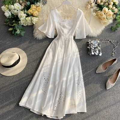 

A462 French Style Women Fashion White Backless Maxi Beach Dress