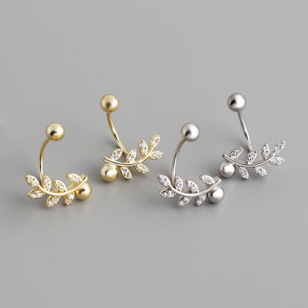 Fashion Jewelry 925 Sterling Silver Minimalist  Small Zircon Branch Leaf Shape Ball Piercing Screwbacks Stud Earring Jewelry