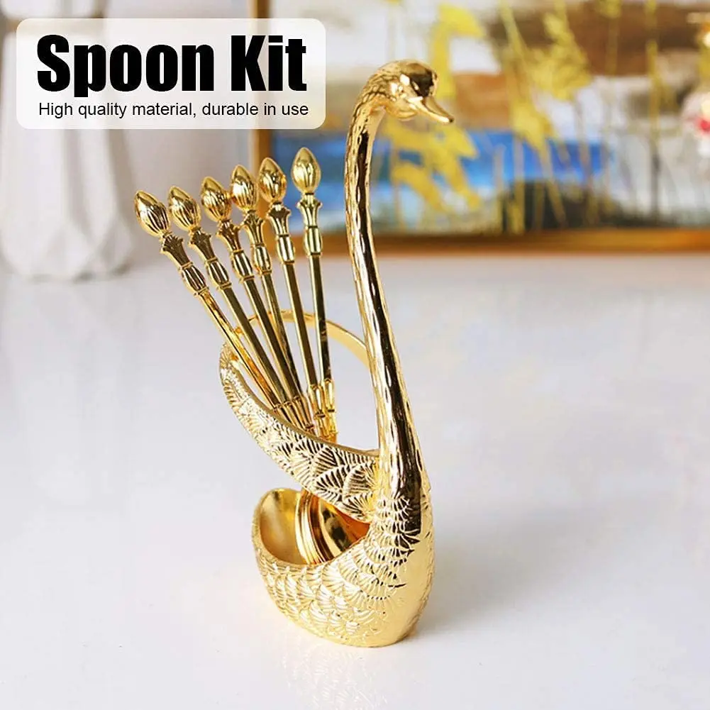 

QIAN HU Vintage Golden Coffee Tea Spoon Fork Set 6 Piece with Gold Metal Swan Stand Gift Set, Silver, gold
