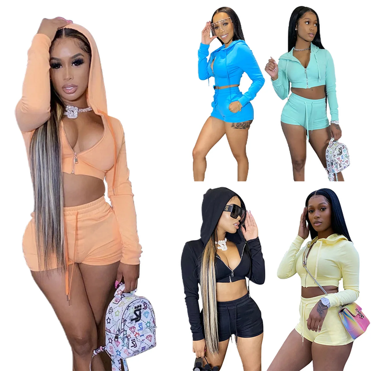 

2022 summer 2 piece pants set booty two piece shorts set women clothing matching hoodie sweater biker short set women, Solid