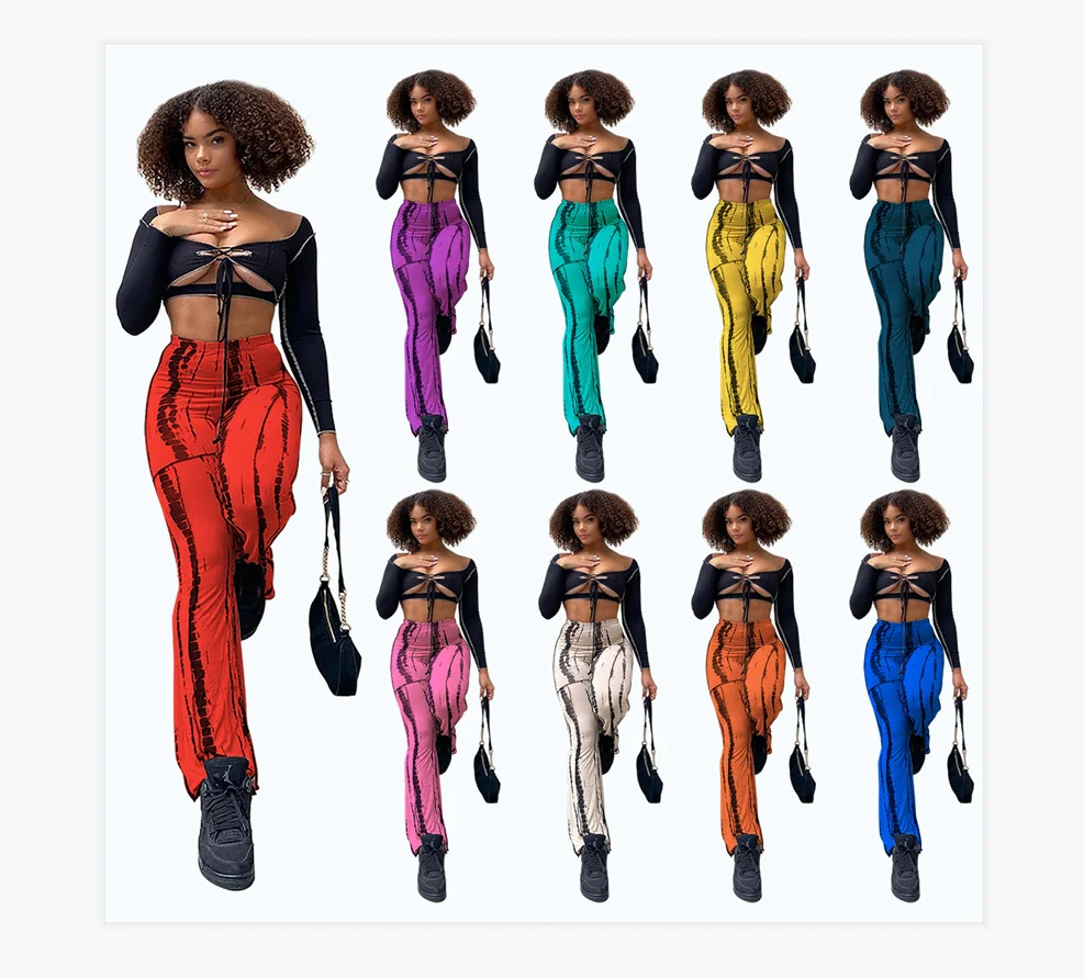 

Elastic Boot Cut Yoga Pants High Waist Two Piece Pants Set For Women Tie Dye Crop Top Two Piece Pants Set Spot Printing, As picture