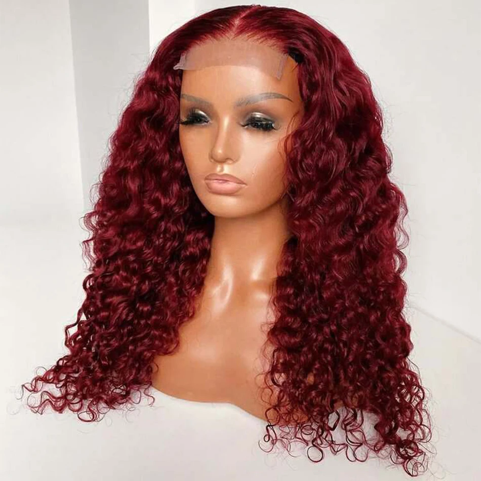 

Burgundy Loose Curly Human Hair For Women Red Color Brazilian Remy Hair Deep Wave 13x4 Lace Front Wigs Pre Plucked, Natural color lace wig