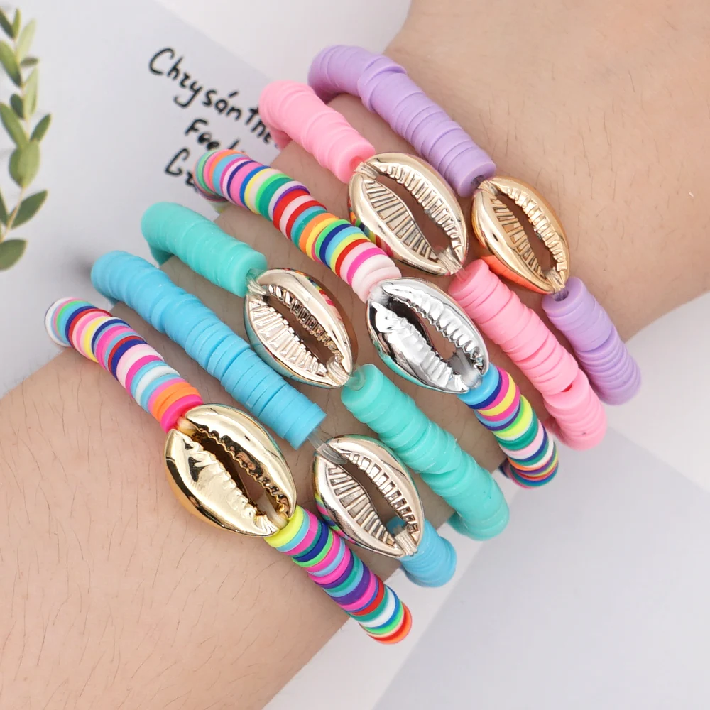 

GO2BOHO Polymer Clay Bracelet Natural Sea Shell Jewelry 2021 Summer Beach Enamel Sea Shells Heishi Disc Beads Stretch Bracelets