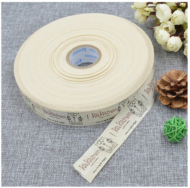 

Print Nature Color Organic Cotton Material Custom Roll Ribbon for Kids Clothes, Nature cotton, white, black , custom color