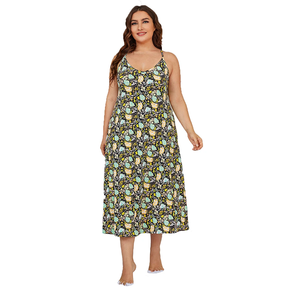 

2021 summer yellow floral backless home casual slip dress long lounge night wear women plus size sleepwear pajamas nightgowns