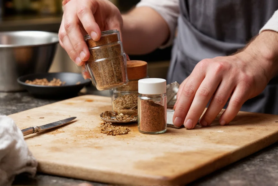 Chef's hand measuring spice substitutes into a recipe, showing practical application of cumin alternatives in cooking