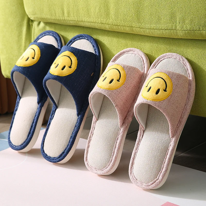 

Wholesale New All Seasons Smiling Face Linen Slippers for Men And Women Cotton And Linen Home Indoor smile Slippers, Customized color