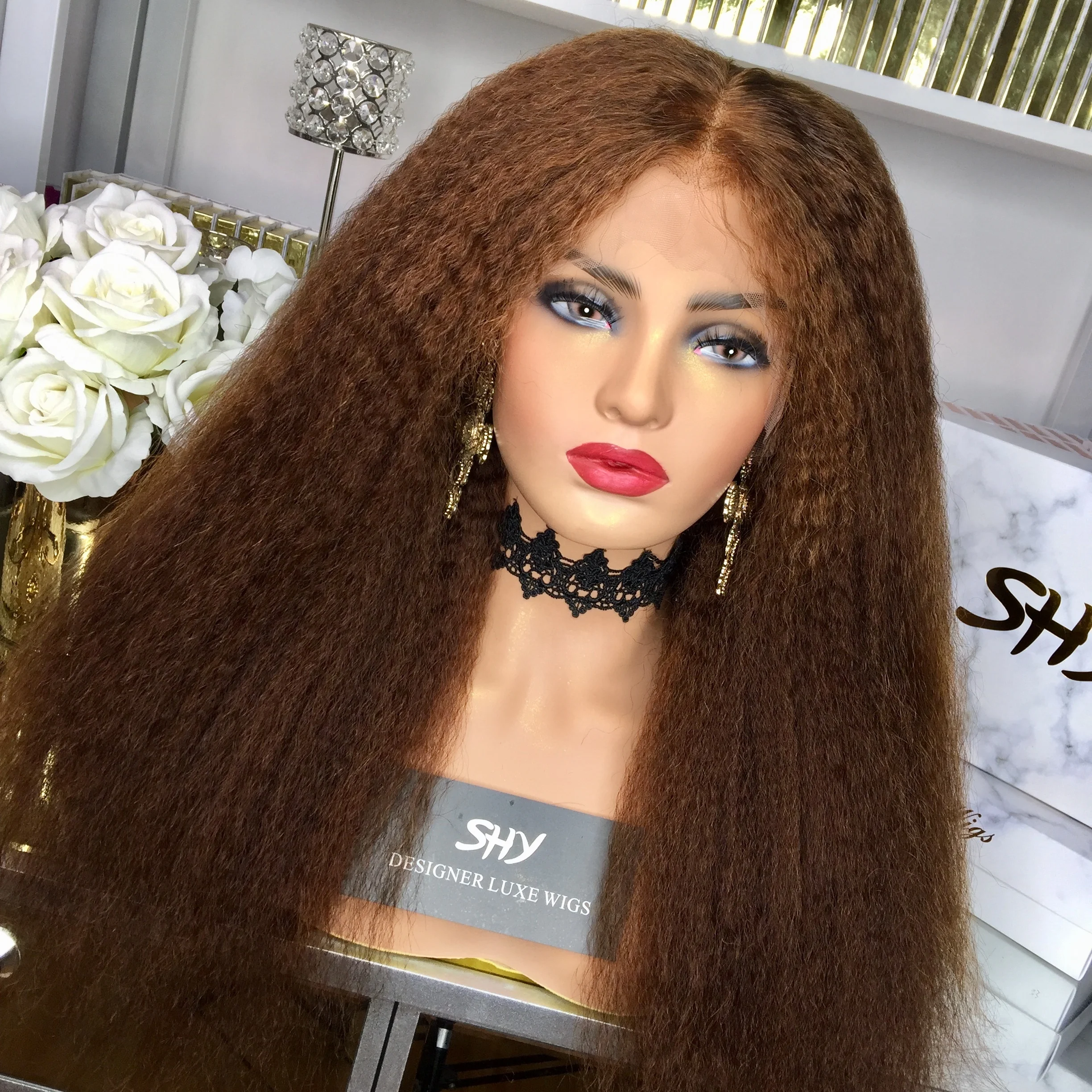 

Brazilian Kinky Straight 180%Density Lace Front Wig Human Hair For Black Women Bleached Knots