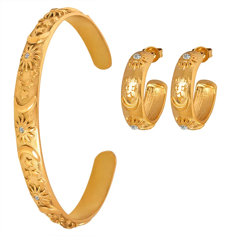 

ERESI New Design 18K Gold Plated Stainless Steel Embossed Moon Sun Stud Earrings Cubic Zirconia CC Earrings Bracelet Set Women