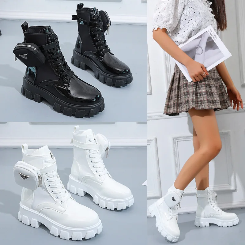 

Women Fashion Pocket Platform Boot Lace Up Ladies Ankle Boots Female Buckle Strap Black Chunky Sole Pouch Ankle Boots, Black & white