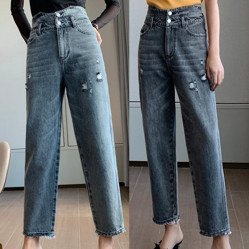 

High wist jeans pants women dark gray color pants trousers custom plus size pants & jeans, Customized colors