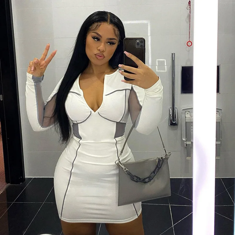 

New Arrival Hit Women Clothing Long Sleeve Summer Dress 2022 Patchwork Contrast Mesh Outfits Women Mesh Dress With Zipper, Customized color