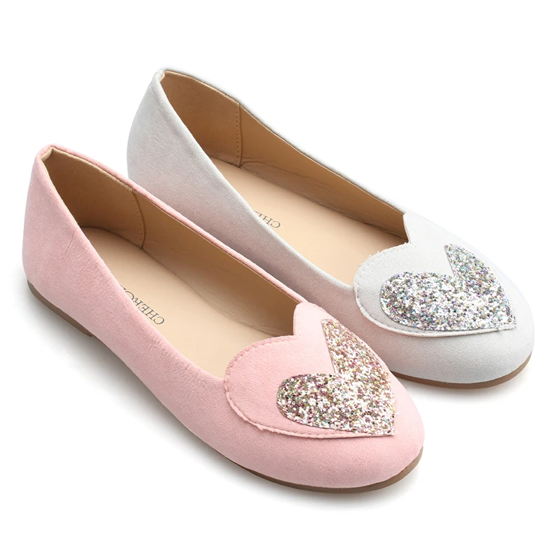 

Girls causal glitter two layers heart toe microfiber upper PU lining slip on soft insole flat party shoes, Pink/grey