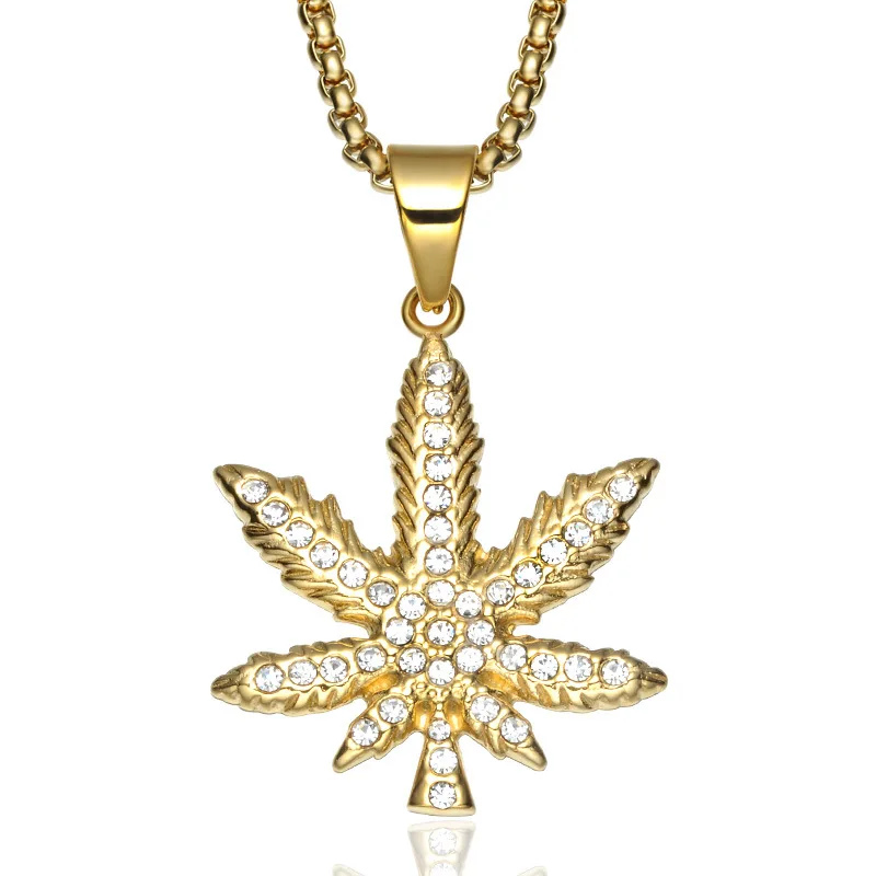 

Hot selling Wholesale New Design Jewelry Stainless Steel Necklace Pendant Gold Plated Rhinestone Micro Pave Maple Leaf Pendants, Opp bag