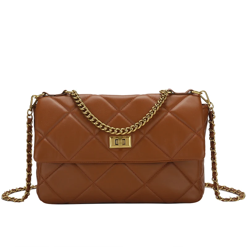 

Women square summer quilted shoulder bag gold chain small leather handbag, Brown/black/khaki/white