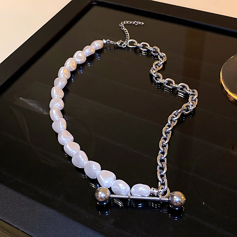 

fashion women titanium chain pearl choker necklace