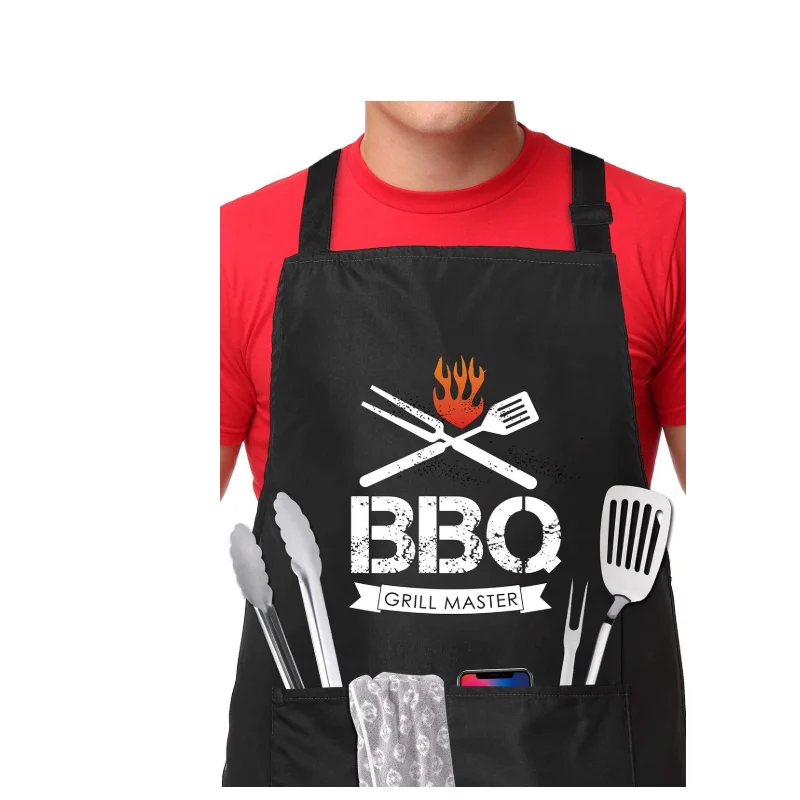 

Custom Adjustable Waterproof Waxed Cotton BBQ Apron Delantales De Cocina Kitchen Grilling Apron, Black