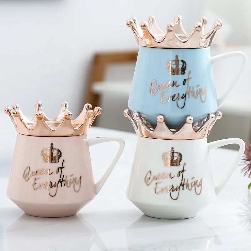 

New Nordic Crown Covered Coffee Ceramic Cup, Blue/white/pink