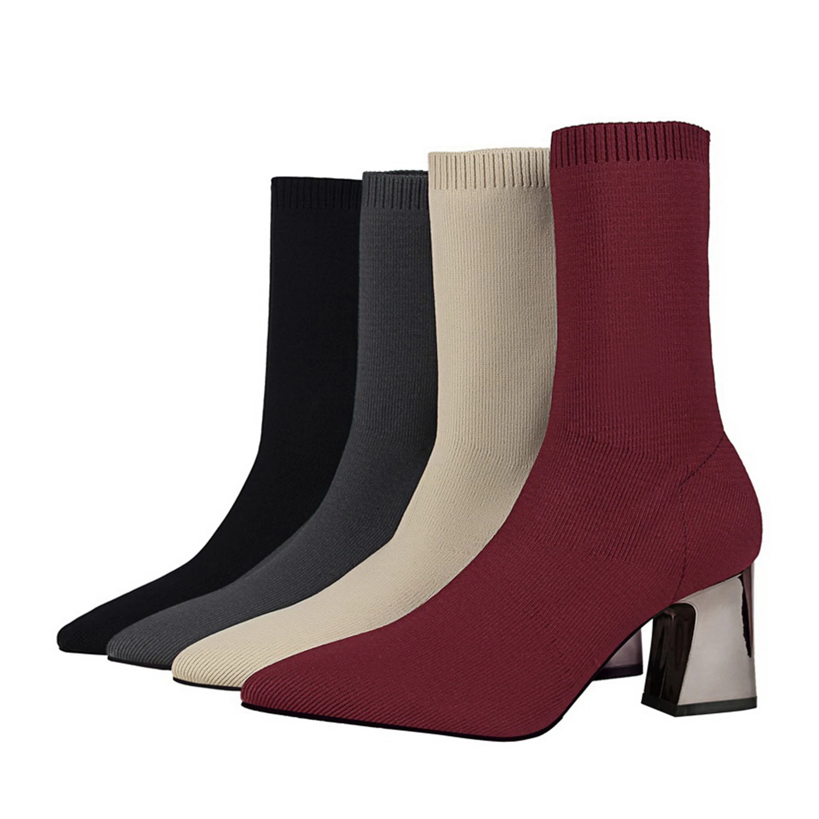 

2021 New Arrival Fashion Women Ankle Boots Pointed Toe Chunky Heel Slip On Cotton Fabric Mid Calf Boot For Ladies