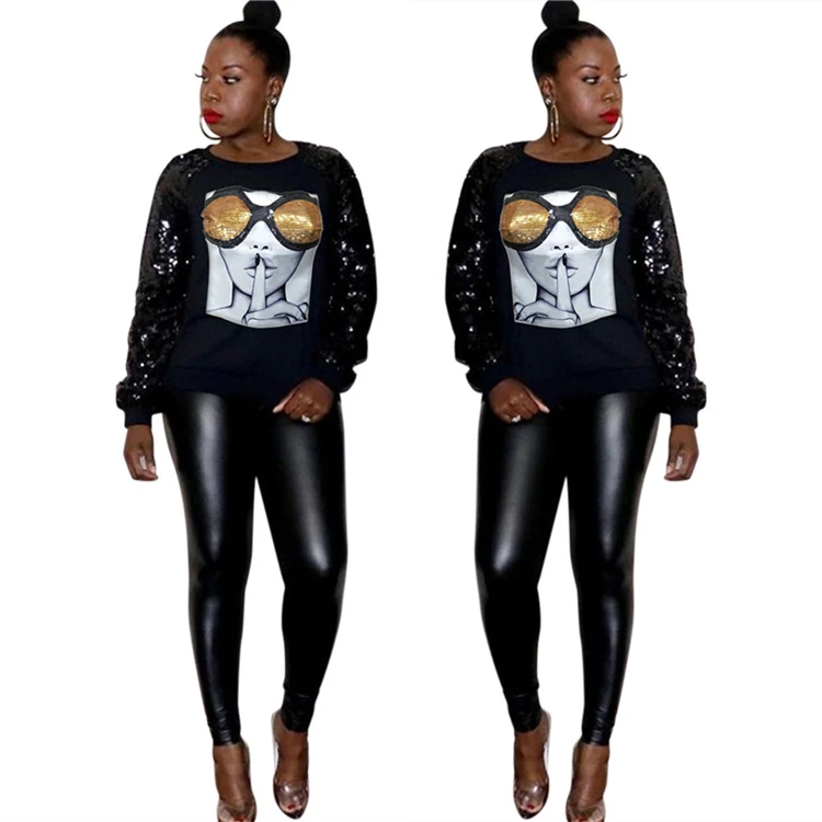 S91355 Women winter clothing plus size sequin printing patchwork long sleeve fleece trendy O neck fashion glitter coat women