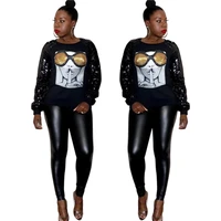 

S91355 Women winter clothing plus size sequin printing patchwork long sleeve fleece trendy O neck fashion glitter coat women