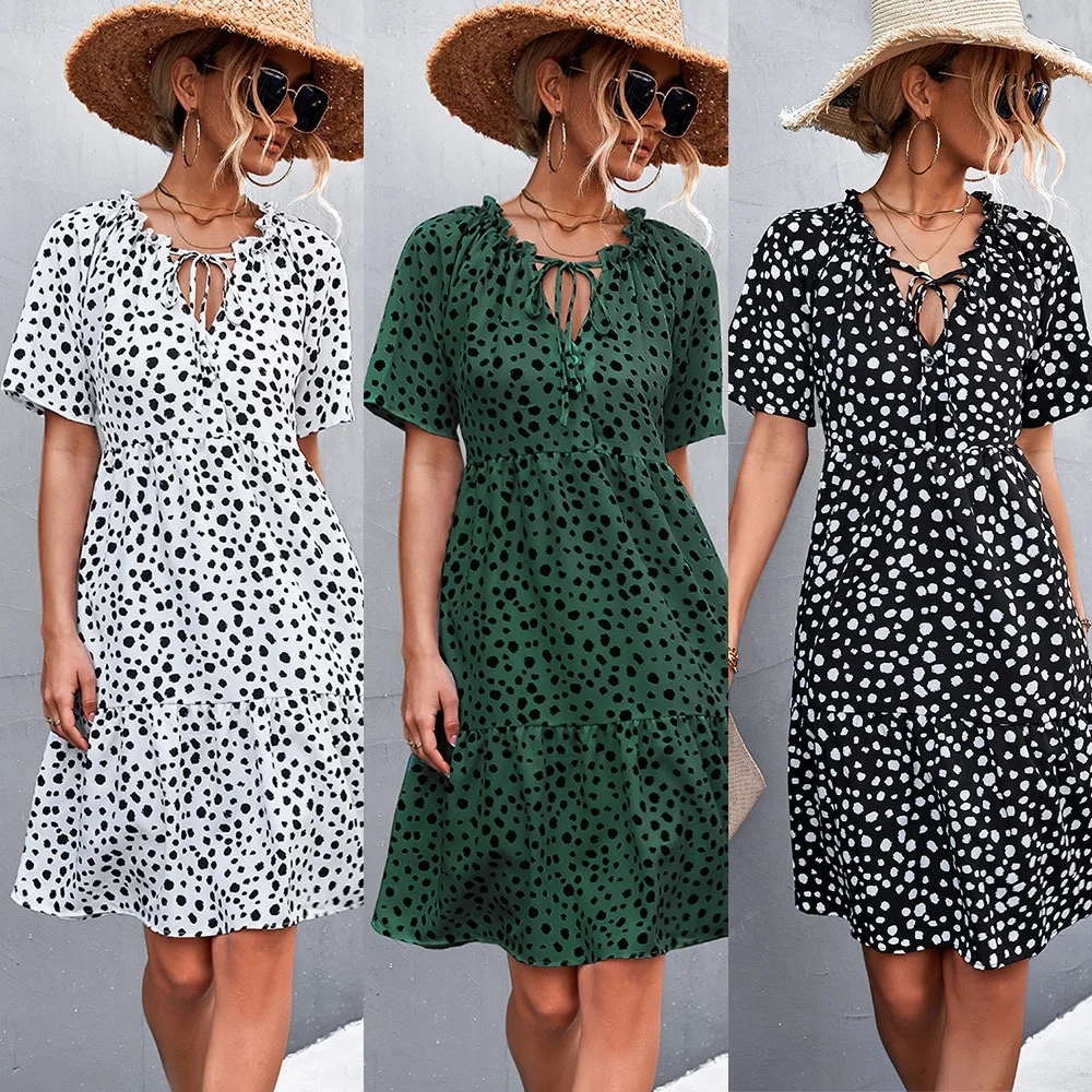 

LAISI Summer new fashion women's summer elegant clothing V-neck dot short sleeve medium long casual dress